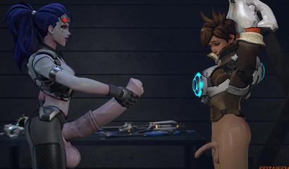 Widowmaker and Tracer in a Whose dick is bigger contest