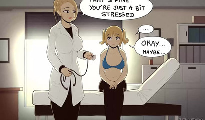 Shy Futanari letting a doctor take care of her cum-packed dong