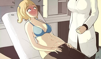 Shy Futanari letting a doctor take care of her cum-packed dong