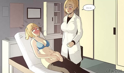 Shy Futanari letting a doctor take care of her cum-packed dong