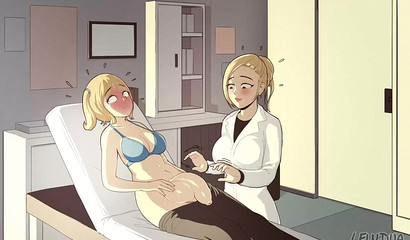 Shy Futanari letting a doctor take care of her cum-packed dong