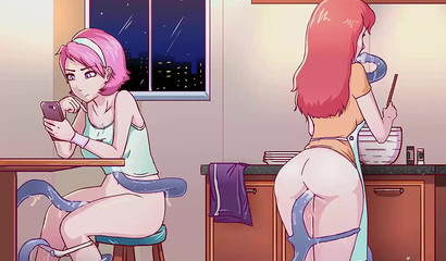 Anime mom and daughter get fucked by tentacles in the kitchen