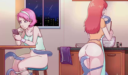 Anime mom and daughter get fucked by tentacles in the kitchen