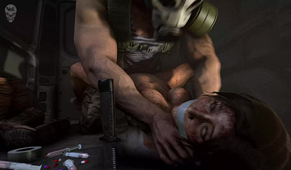 Bound Lara Croft getting choked and raped by a huge dude