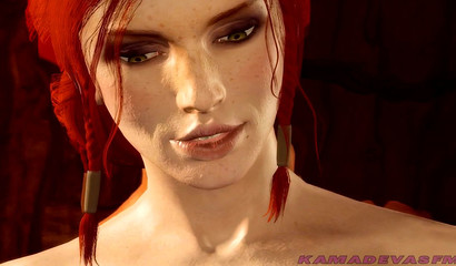 Quiet and Triss swallowing a fresh shot of juice