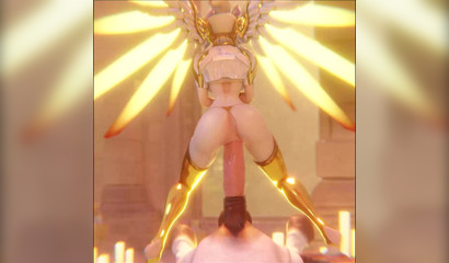 3D goddess Mercy gets creampied while riding a horse's dick