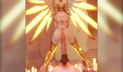 3D goddess Mercy gets creampied while riding a horse's dick