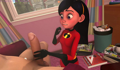 A young girl Violet Parr jerks off a cock with her gentle hands