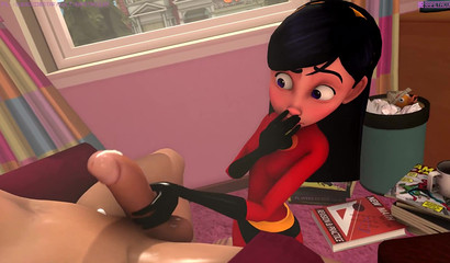 A young girl Violet Parr jerks off a cock with her gentle hands