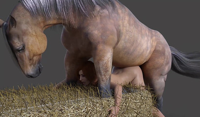 Petite hottie getting banged by a huge horse in the barn