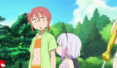 Dragon maid Miss Kobayashi shows her big tits to a cute boy