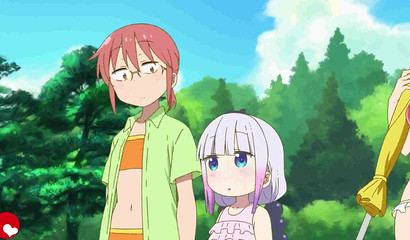 Dragon maid Miss Kobayashi shows her big tits to a cute boy