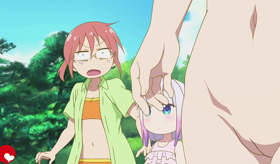 Dragon maid Miss Kobayashi shows her big tits to a cute boy