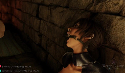 Ball-gagged Lara Croft gets face fucked