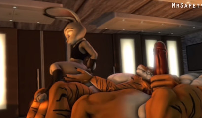 La conejita peluda Judy Hopps montando la polla de un tigre