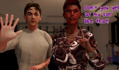 Busty mom sucks son's cock on her knees and jerks off the second cock