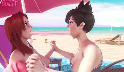 Anime lesbians sucking a double-sided dildo on the beach