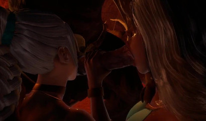 Two girls suck a long dick of a bull in a dungeon