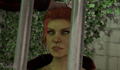 Girl with a cock fucks deep in the mouth of a redhead in a cage (Batman)