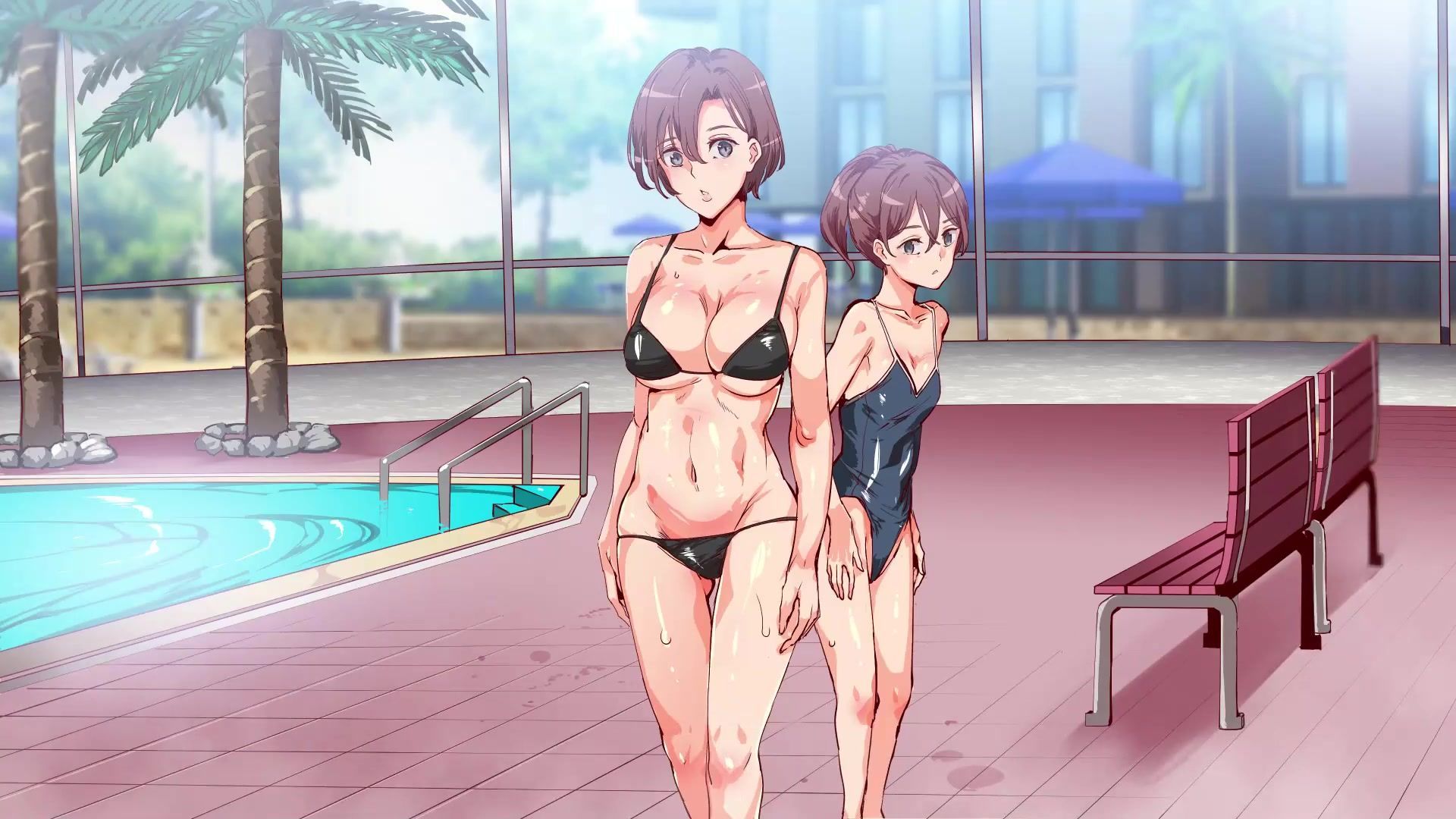 Tanned guy fucks young anime girls by the pool