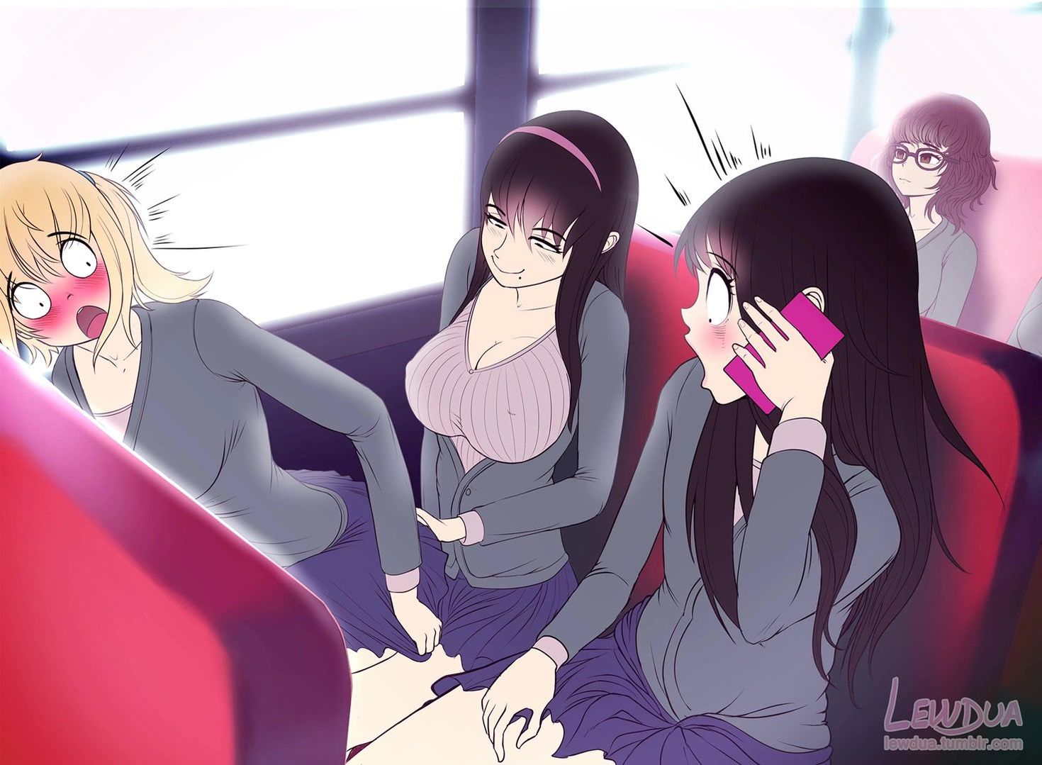 Юные аниме девушки скрытно трахаются в студенческом автобусе