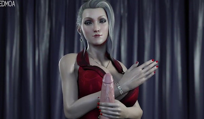 3d blonde in a red dress helped a guy cum
