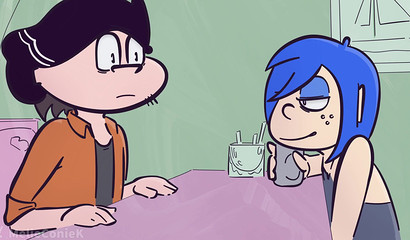 Teen anime girl sucks guy's big cock under the table