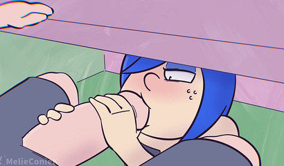 Teen anime girl sucks guy's big cock under the table