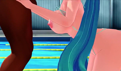 Young anime girl sucking muscled guys by the pool