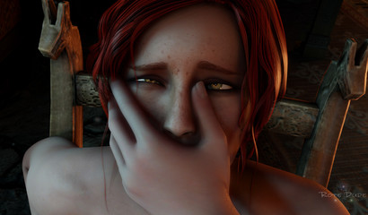 Redhead girl with an apple in her mouth masturbates pussy on a chair (The Witcher)