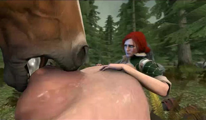 A horse with a long dick fucks the nipples of a redhead girl in the forest