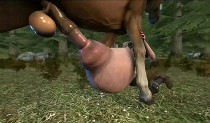 A horse with a long dick fucks the nipples of a redhead girl in the forest