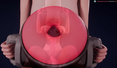 Horse futanari fucks his long cock with a sex machine