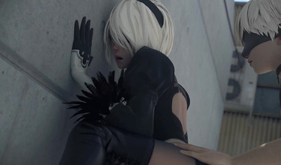 Stockinged blonde from Nier Automata gets public pussy licked and fucked outdoors