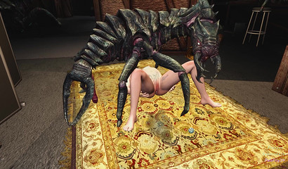 Brunette Tifa Lockhart from Final Fantasy spreads her legs in front of a monster