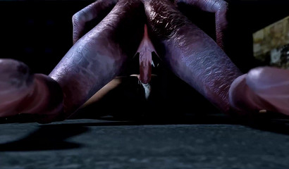Two 3D monsters rape a brunette in the pussy and mouth