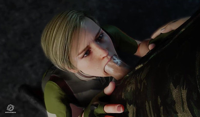Blonde Cassie Cage from Mortal Kombat sucks cock on her knees