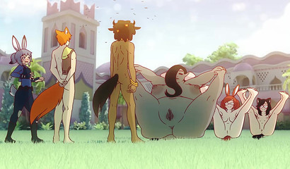 Zootopia anime style. Naked young girls do yoga on the grass