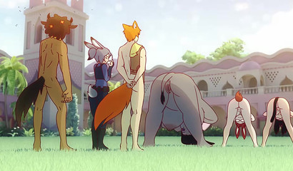 Zootopia anime style. Naked young girls do yoga on the grass