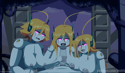 Anime cyborg girls brought robot to orgasm