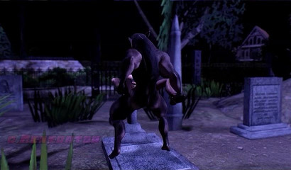 The monster tore the pantyhose and raped the vampire in the ass in the cemetery