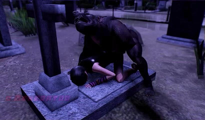 The monster tore the pantyhose and raped the vampire in the ass in the cemetery