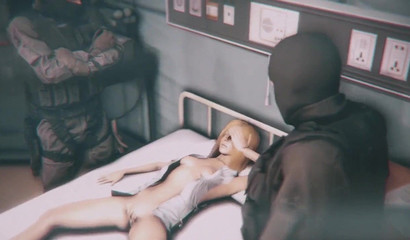 The soldiers mercilessly rape the animation girl on the bed