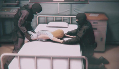 The soldiers mercilessly rape the animation girl on the bed