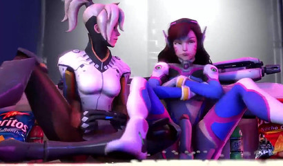 Futanari hotties Mercy and D.Va play games and have anal sex