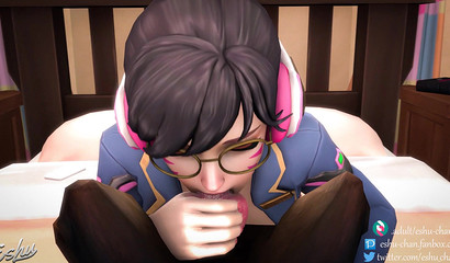 D.Va from Overwatch plays with dog cock