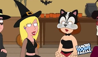 Brunette Meg Griffin gets gagged with cock at Halloween party