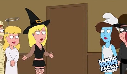 Brunette Meg Griffin gets gagged with cock at Halloween party