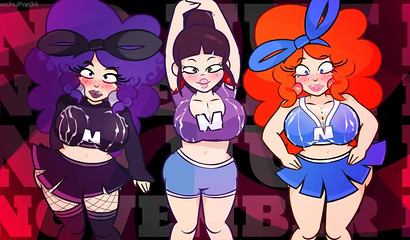 Three busty anime girlfriends dance a striptease for you