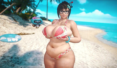 Animated 3D brunette Mei teases with big boobs on the beach
